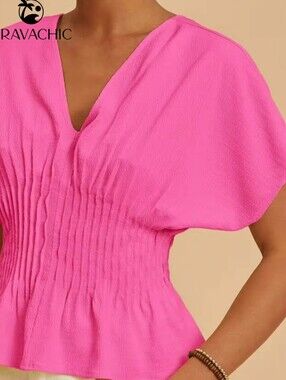 Women's Pink Smocked Waist V-Neck Top